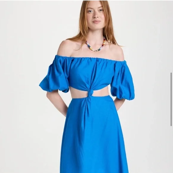 FARM Rio Blue Off-Shoulder Linen Midi Knot Dress Cutout Size L NWT - Picture 3 of 11